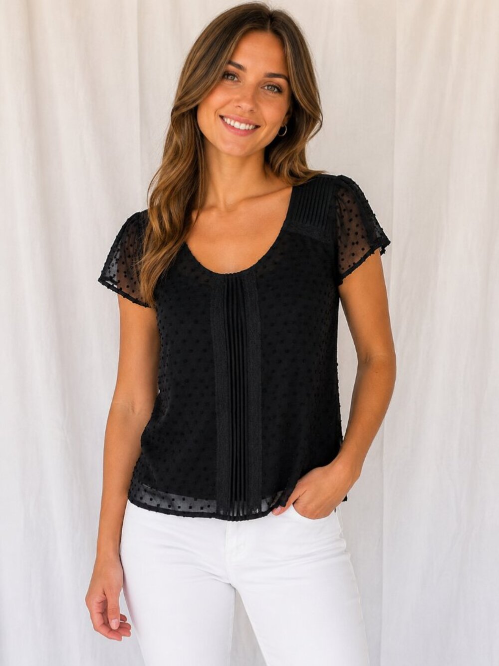 LC Lauren Conrad Black Swiss Dot Pleated Cap Sleeve Blouse Size Medium